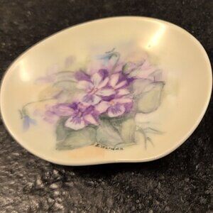 (2) Vintage Hand Painted Porcelain Jewelry Trinket Dish Floral 4 1/4" X 3 1/2"